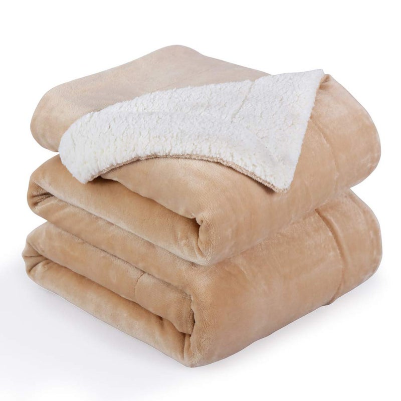NANPIPER Bed Blanket Reversible Sherpa Flannel Blanket Super Soft Fuzzy Plush Fleece Microfiber (90"x90" Beige) Queen - Image 1